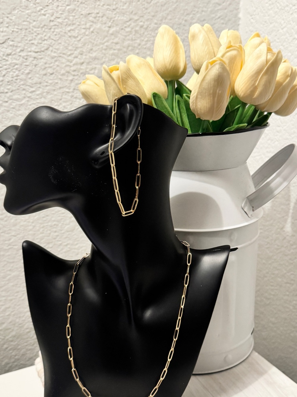 18k yellow Gold Paperclip Chain Necklace and bracelet Set - Women Jewelry